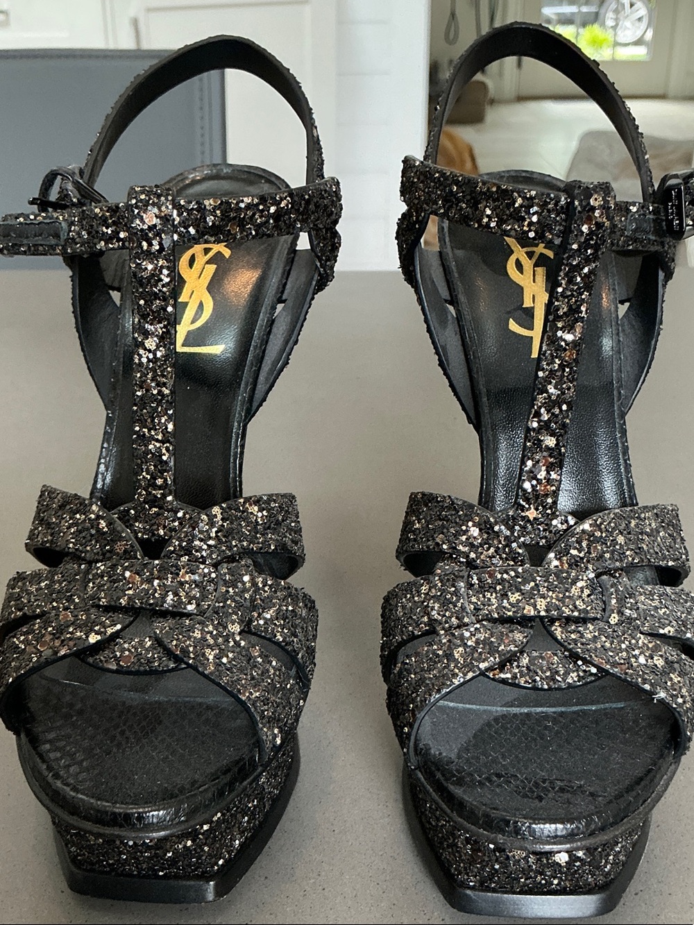 Saint Laurent Black Glitter T-Strap Platform Sandals with Gold Logo